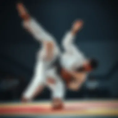 A judoka executing a perfect throw during a competition