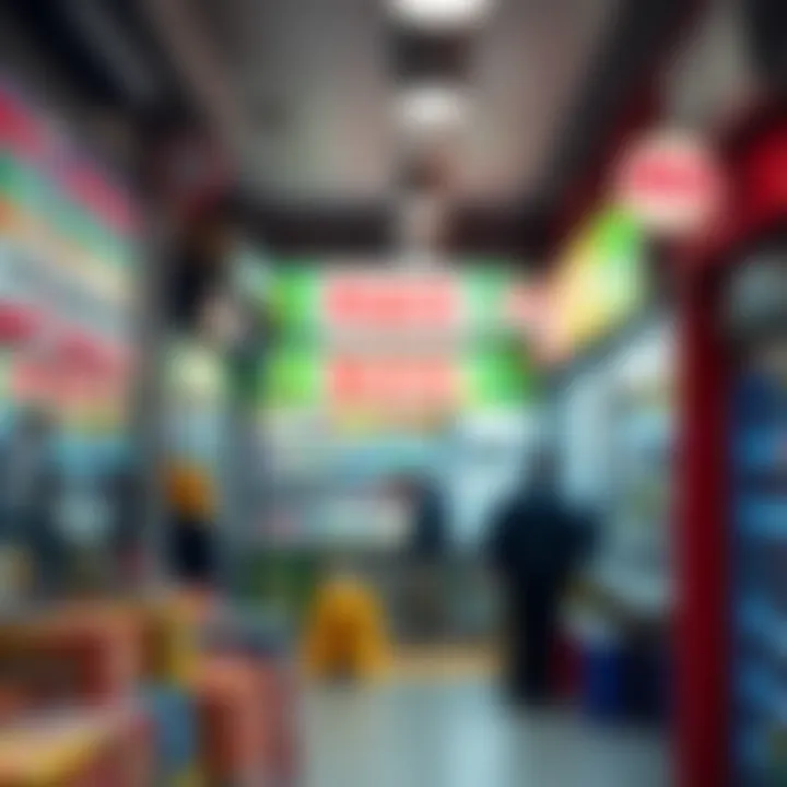 A bustling lottery shop in Korea, showcasing vibrant lottery tickets