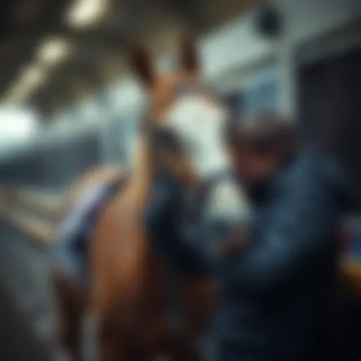 A racehorse being groomed in the stable, showcasing the bond between trainer and horse.