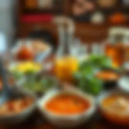 A vibrant display of various types of traditional sauces with regional ingredients.