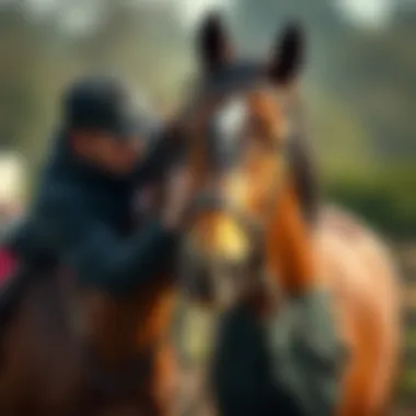 A trainer engaging with a horse during a training session, emphasizing the bond