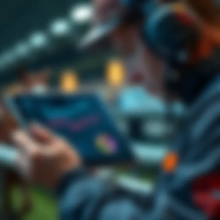 A close-up of a trainer analyzing performance data on a tablet during a race preparation.